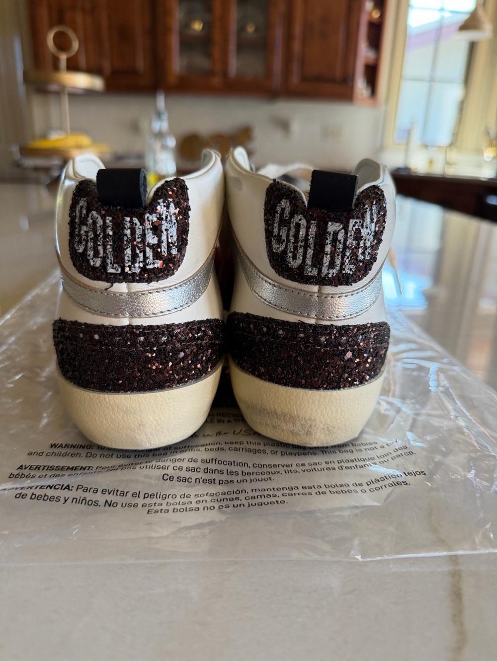 Golden Goose Mid Star White Sneakers with Gold Star and Dark Brown Glitter Heel - Picture 15 of 16